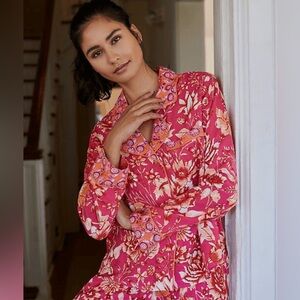NWT Anthropologie Kari Long Sleeve Sleep Shirt Pink Combo